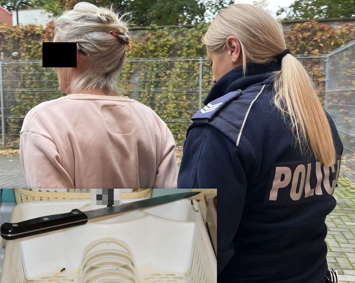 kolaż zdjęć przedstawiający policjantkę z zatrzymaną kobietę oraz nóż