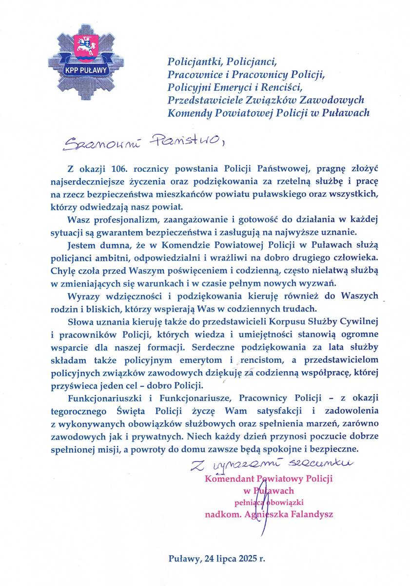 adres okolicznościowy życzenia z okazji Święta Policji treść w załączniku wersja edytowalana