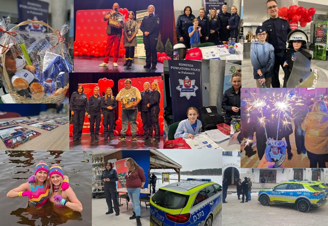 kolaż zdjęć z WOŚP 2026 z policją