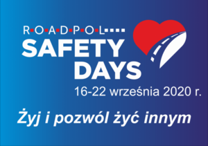 plakat akcji Road safety days, napisy na niebieskim tle