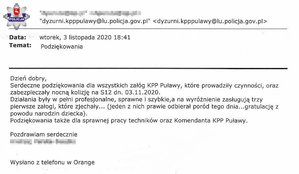 wiadomość - podziękowania dla policjantów