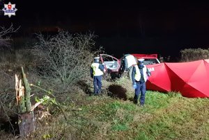 czerwony rozbity samochód na brzegu stawu, parawan straży pożarnej, dwóch policjantów