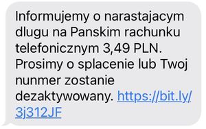 tekst wiadomości od oszustów informujemy, że trzeba dopłacić do rachunku za telefon