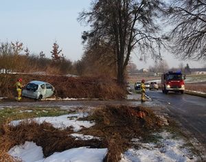 rozbity samochód w rowie strażacy i wóz strażacki