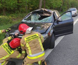 czarne audi a3 z rozbitą przednią szybą przed nim strażacy