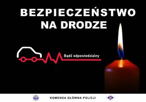 narysowany samochód na czarnym tle i płomień świecy plakat akcji znicz