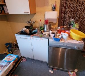 zabałaganiony fragment kuchni, zlew pełen naczyń, śmieci na podłodze
