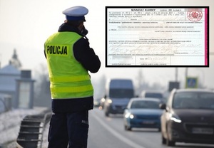 mandat na 2500 złotych w tle policjant przy drodze mierzący prędkość pojazdu