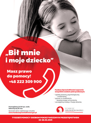 plakat tygodnia pomocy osobom pokrzywdzonym przestępstwem kobieta trzymająca na rękach małą dziewczynkę