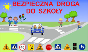 rysunek przedstawiający samochód na skrzyżowaniu dróg oraz dzieci nadchodzące z różnych stron