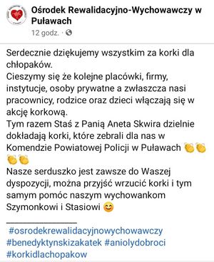 screen posta z informacją o przekazaniu korków dla Szymona i Stasia