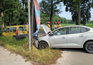 rozbity szary samochód przy drzewie w tle rozbite z boku żółte renault