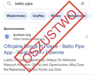 strona z wyszukiwarki z informacją o baltic pipe z naniesionym napisem oszustwo