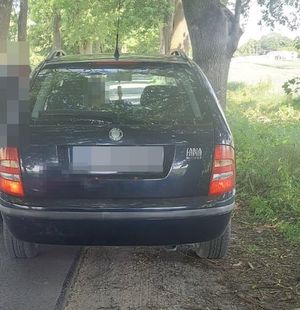 granatowa skoda przy drodze