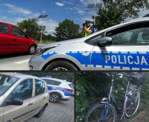 kolaż zdjęć radiowóz i policjant mierzący prędkość rower i samochód osobowy