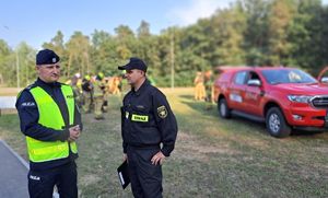 Komendant Powiatowy Policji w Puławach ze strażakiem