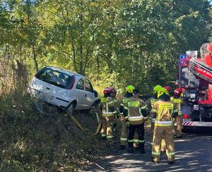 biały opel na skarpie przydrożnej obok stoi grupa strażaków na drodze wóz strażacki