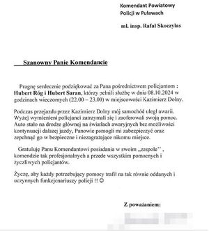 podziękowania dla policjantów z PP w Kazimierzu Dolnym