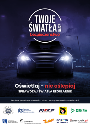 plakat kampanii samochód na światłach i napis oświetlaj nie oślepiaj