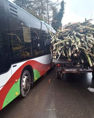 czerwono biało zielony autobus obok niego przyczepa z gałęziami