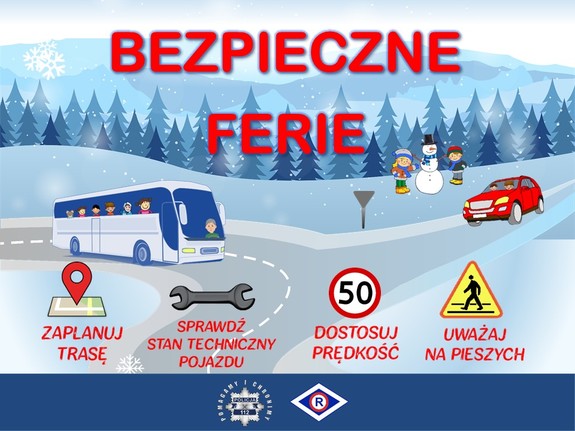 grafika bezpieczne ferie na niej porady z teksu rysunek zimy