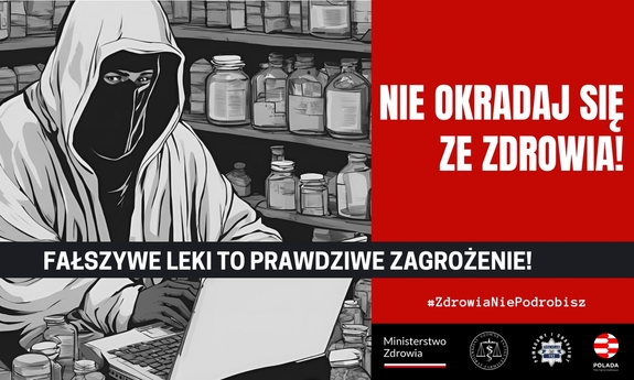 Fałszywe leki to prawdziwe zagrożenie - nie okradaj się ze zdrowia przestępca w kapturze i masce przed laptopem