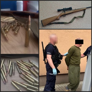 kolaż zdjęć zatrzymany prowadzony przez policjanta mauser i amunicja