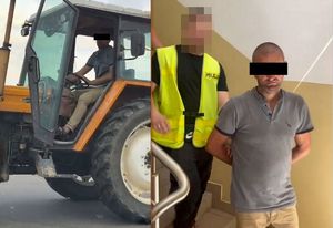 Kolaż zdjęć na których widać zatrzymanego mężczyznę jadącego skradzionym traktorem.