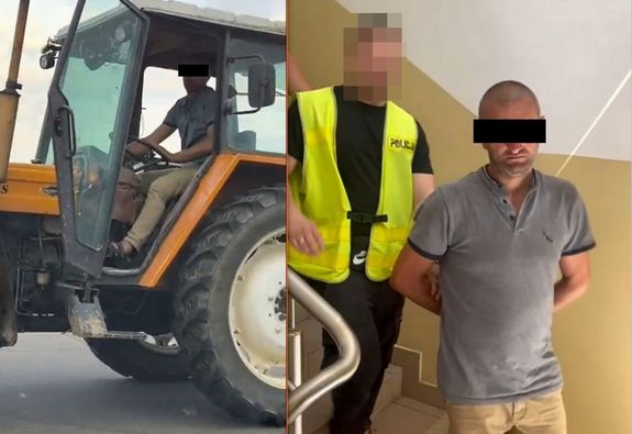 Kolaż zdjęć na których widać zatrzymanego mężczyznę jadącego skradzionym traktorem.