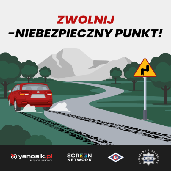 rysunek samochodu zjeżdżającego z drogi i napis zwolnij niebezpieczny punkt