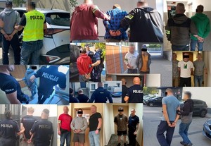 kolaż zez zdjęć zatrzymanych prowadzonych przez policjantów