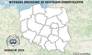 mapa Polski z logo policji i napisem wakacje 2025