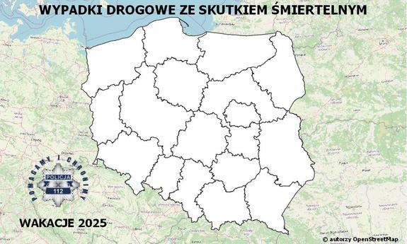 mapa Polski z logo policji i napisem wakacje 2025