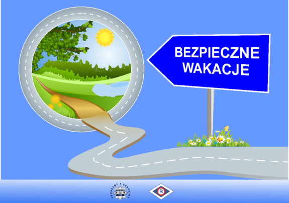 grafika z napisem bezpieczne wakacje droga i drogowskaz w stronę obrazka przedstawiającego lasek w lecie