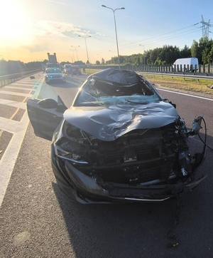 przód rozbitego samochodu peugeota w tle radiowóz