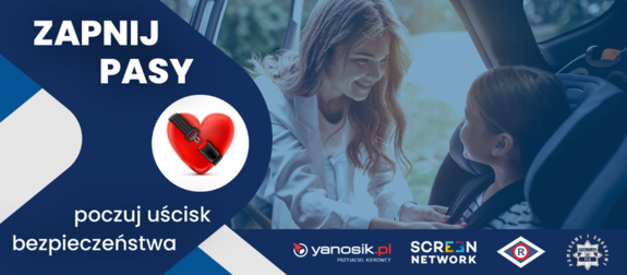 grafika z hasłem Zapnij pasy poczuj uścisk bezpieczeństwa i kobieta przypinająca dziecko w foteliku