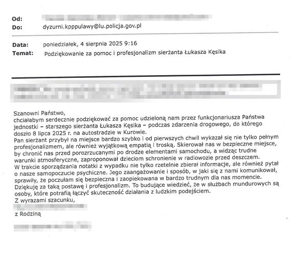 podziękowania dla policjanta