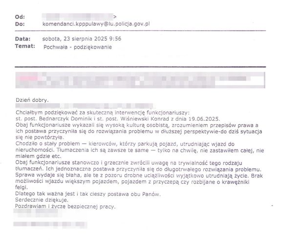 Podziękowanie dla policjantów z patrolówki