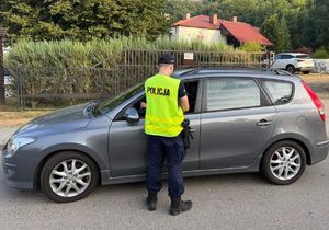 policjant rozmawiający z kierowcą siedzącym w szarym samochodzie