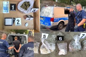 kolaż zdjęć policjanci prowadzący mężczyznę w kajdankach do radiowozu i narkotyki w woreczkach foliowych