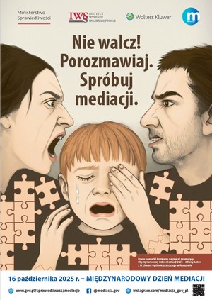 plakat międzynarodowego tygodnia mediacji przedstawiający rysunek krzyczących do siebie kobiety i mężczyzny nad głową dziecka