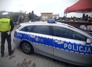 policjant obok radiowozu patrzący na cmentarz