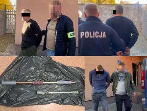kolaż zdjęć zatrzymanych mężczyzn i zabezpieczonego przedmiotu typu rurka