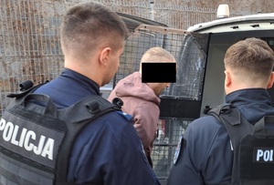 policjanci wprowadzający zatrzymanego do okratowanego radiowozu