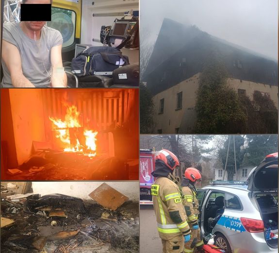 kolaż zdjęć z pożaru młyna