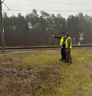 dwóch mężczyzn funkcjonariuszy obok torów jeden wskazuje coś ręką