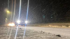 samochód jadący drogą w śnieżycy