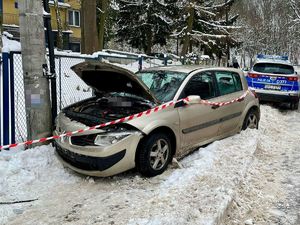 szary samochód oparty o słup w tle radiowóz