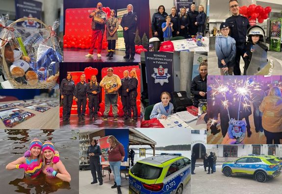 kolaż zdjęć z WOŚP 2026 z policją