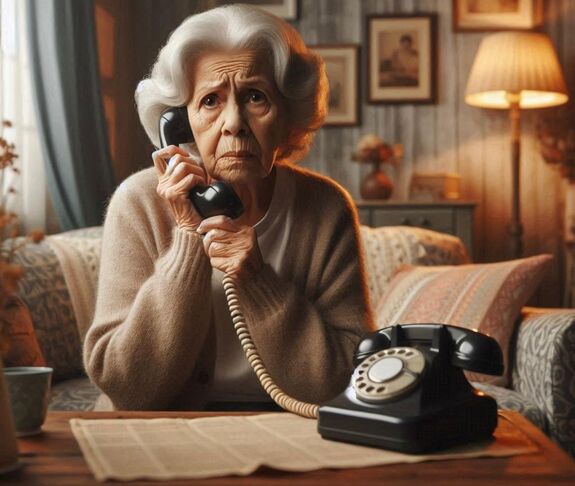 przerażona seniorka ze słuchawką telefonu w dłoni